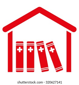 Medical Library vector icon. Style is flat symbol, red color, rounded angles, white background.