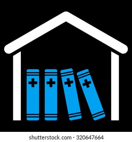 Medical Library vector icon. Style is bicolor flat symbol, blue and white colors, rounded angles, black background.