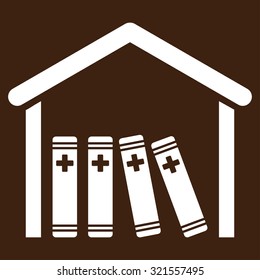 Medical Library vector icon. Style is flat symbol, white color, rounded angles, brown background.