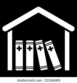 Medical Library vector icon. Style is flat symbol, white color, rounded angles, black background.