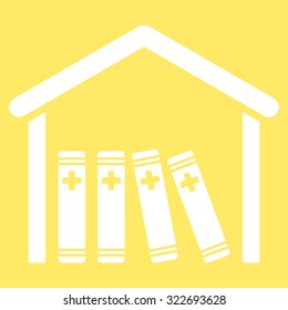 Medical Library vector icon. Style is flat symbol, white color, rounded angles, yellow background.