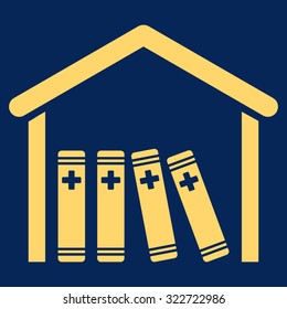 Medical Library vector icon. Style is flat symbol, yellow color, rounded angles, blue background.