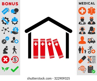 Medical Library vector icon. Style is bicolor flat symbol, intensive red and black colors, rounded angles, white background.