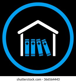 Medical Library vector icon. Style is bicolor flat circled symbol, blue and white colors, rounded angles, black background.