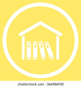 Medical Library vector icon. Style is flat circled symbol, white color, rounded angles, yellow background.
