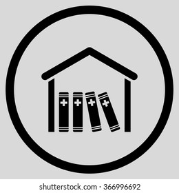 Medical Library vector icon. Style is flat circled symbol, black color, rounded angles, light gray background.