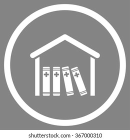 Medical Library vector icon. Style is flat circled symbol, white color, rounded angles, gray background.