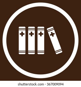 Medical Library vector icon. Style is flat circled symbol, white color, rounded angles, brown background.