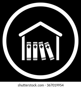 Medical Library vector icon. Style is flat circled symbol, white color, rounded angles, black background.