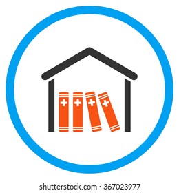 Medical Library vector icon. Style is flat circled symbol, orange and blue colors, rounded angles, white background.