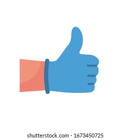 Medical Like icon. Human hand in blue glove with thumb up. Vector illustration flat design. Isolated on white background. Quarantined man in protective gloves.