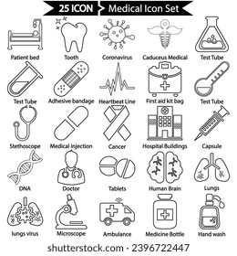 Paquete de iconos de línea médica, gráficos de vectores