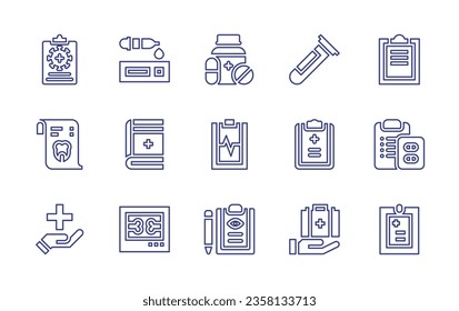 Symbol für medizinische Linie gesetzt. Bearbeitbarer Strich. Vektorgrafik. Enthält Spritze, Ärzte, Kardiogramm, Ordner, Klemme, medizinisches Kit, Versicherung, Aufzeichnung, Medikamente.
