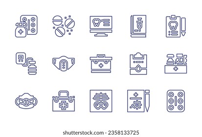 Medical line icon set. Editable stroke. Vector illustration. Containing prescription, x rays, medicine, medical mask, medical kit, medical report, eye drops, antidepressant, pills, eye.