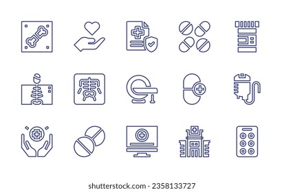 Conjunto de iconos de línea médica. Trazo editable. Ilustración vectorial. Conteniendo hospital, informe de salud, cama, taladro dental, sutura, píldoras, seguro de salud, bolsa, píldora, tensiómetro.