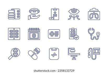Medical line icon set. Editable stroke. Vector illustration. Containing records, cardiogram, heart monitoring, report, x ray, medical kit, care, first aid kit, blood pressure.