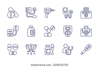 Medical line icon set. Editable stroke. Vector illustration. Containing tensiometer, medicine, capsule, tonometer, drill, pills, stethoscope, first aid kit, diabetes test.