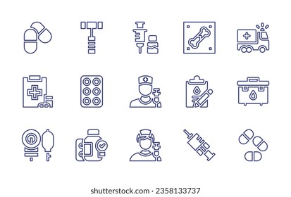 Medical line icon set. Editable stroke. Vector illustration. Containing instruments, microscope, history, blood test, serum, report, laboratory, medical box, folder.
