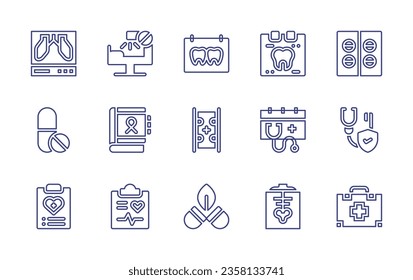 Conjunto de iconos de línea médica. Trazo editable. Ilustración vectorial. Contiene máscara médica, informe médico, seguro de vida, píldoras, aguja de mariposa, kit de primeros auxilios, vendaje, medicina, desfibrilador, oxígeno.