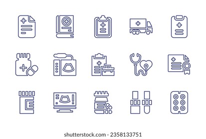 Medical line icon set. Editable stroke. Vector illustration. Containing dentist tools, medical checkup, medical insurance, drugs, pills, healthcare, drug, medicine, cardiogram, pill.