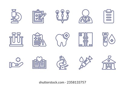 Medical line icon set. Editable stroke. Vector illustration. Containing medical folder, medical report, x ray, medical symbol, medication, mouth mirror, head mirror, health clinic, dentist mask.