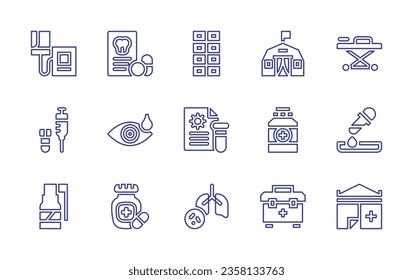 Medical line icon set. Editable stroke. Vector illustration. Containing x ray, medical result, medical insurance, medications, box, forceps, emergency kit, stretcher, respirator, radiography.