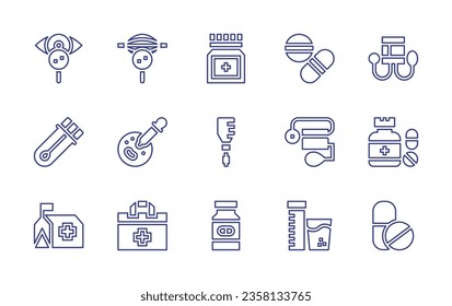 Conjunto de iconos de línea médica. Trazo editable. Ilustración vectorial. Contiene prescripción médica, médico, jarabe, medicamento, botiquín de primeros auxilios, algodón, medicamento, huesos.