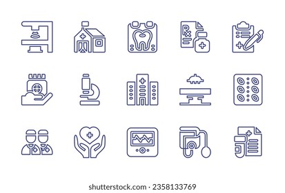 Conjunto de iconos de línea médica. Trazo editable. Ilustración vectorial. Contiene rayos X, equipo médico, revisión médica, esfigmomanómetro, kit de primeros auxilios, otoscopio, hospital, presión arterial, prescripción.