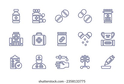 Medical line icon set. Editable stroke. Vector illustration. Containing x ray, medical history, x rays, medical, stretcher, medication, care, medical insurance.