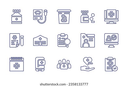 Conjunto de iconos de línea médica. Trazo editable. Ilustración vectorial. Contiene laboratorio médico, camilla, cheque, libro médico, kit médico, informe, portapapeles, caja de primeros auxilios, cánula.
