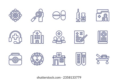 Medical line icon set. Editable stroke. Vector illustration. Containing medicine, pills, clipboard, painkiller, emergency kit, hypertension, blood pressure.