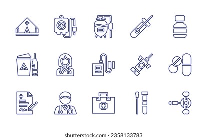 Medical line icon set. Editable stroke. Vector illustration. Containing tent, blood donation, biomedical waste, doctor, blood bag, test, tensiometer, cannula, medicine, medicines.