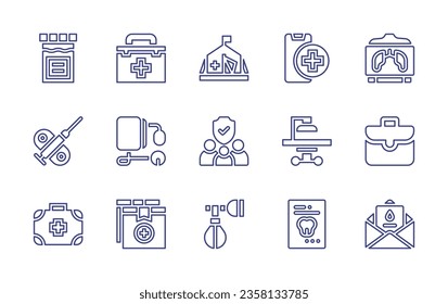 Medical line icon set. Editable stroke. Vector illustration. Containing family, medical app, x rays, operating, first aid box, first aid kit, sphygmomanometer, urine, biopsy, tent.