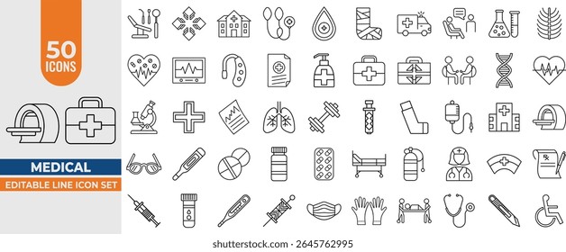 Medical Line Icon Set – Editable Line Vector Icons for Doctors, Healthcare, Hospitals, Ambulance, Pharmacy, Medicine, Nurses, Surgery, Pills and Treatment. Editable Stroke. Vector illustration
