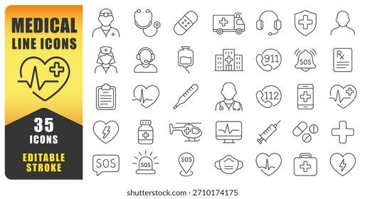 Conjunto De Iconos De Línea Médica Con Diseños De Accidentes Cerebrovasculares Limpios, Modernos Y Editables Para Atención Médica, Servicios De Emergencia Y Uso Hospitalario. Perfecto Para Plataformas Digitales, Infografías. Iconos aislados del vector