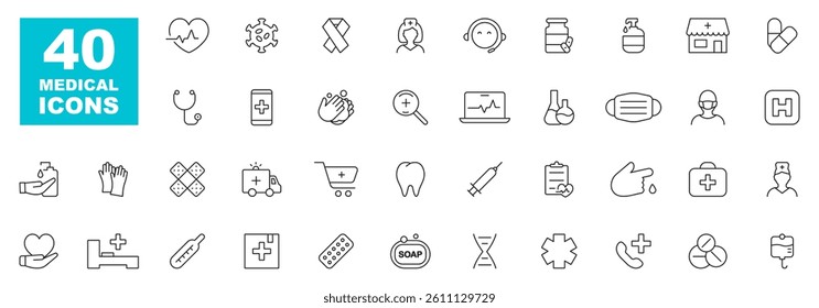 Medical line icon set. Medicine and healthcare symbols. Medicine, doctor, hospital, pharmacy, pills, treatment etc. Editable stroke. Vector illustration.