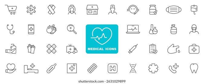 Medical line icon set. Medicine and healthcare symbols. Medicine, doctor, hospital, pharmacy, pills, treatment etc. Editable stroke. Vector illustration.