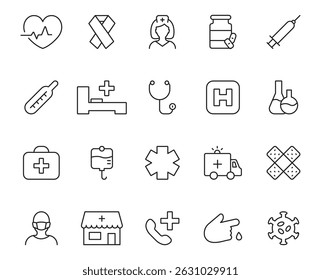 Medical line icon set. Medicine and healthcare symbols. Medicine, doctor, hospital, pharmacy, pills, treatment etc. Editable stroke. Vector illustration.
