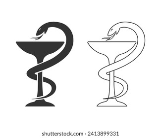 Símbolo de conjunto de iconos de línea médica serpiente con ilustración de vector de taza en signo plano de fondo blanco