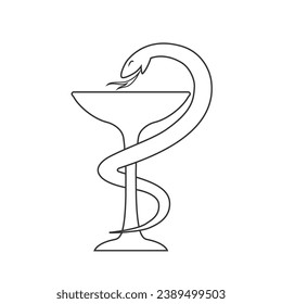 Símbolo de icono de línea médica serpiente con ilustración de vector de taza en signo plano de fondo blanco