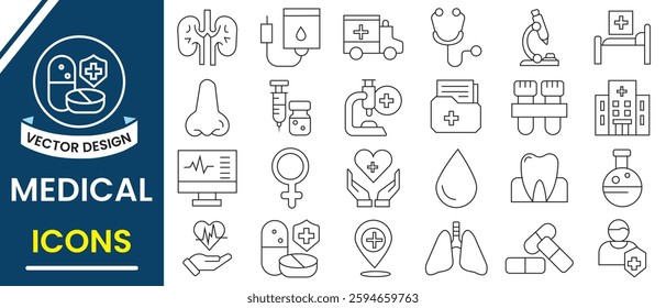 Medical line icon, vector set. Health symbols, line icon. Doctor, medicine, healthcare, nurse, pills, hospital, treatment, clinic and more. Solid medical icons, vector set. Vector illustration.