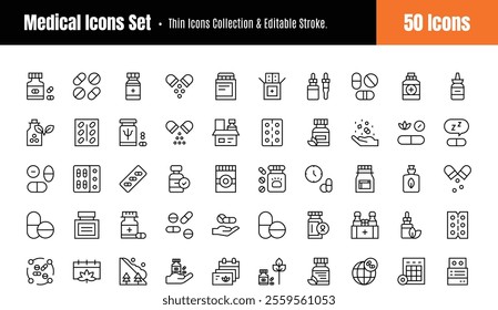 Medical line Icons Collection Set Of 50. Regular Icons Pack. Vector illustration eps 8