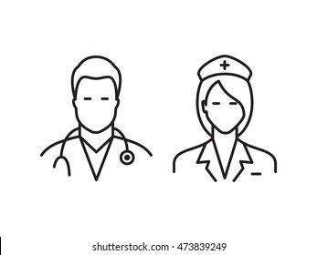 Medical line icons. Doctor and nurse avatars