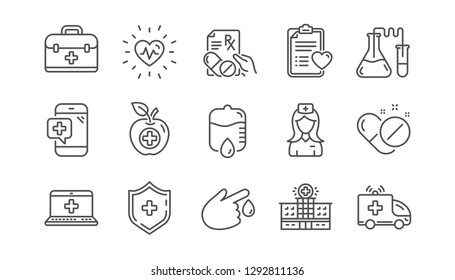 Medical line icons. Hospital assistance, Health food diet and Laboratory. Chemistry linear icon set.  Vector