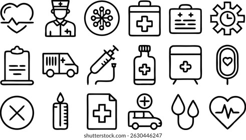 Medical Line Icons Hospital  Healthcare Essentials, Emergency Medical Icons  First Aid  Clinical Care Pack, Wellness  Preventive Healthcare Icons  Line Art Collection