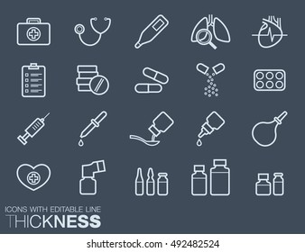 Medical line icons set, dark background