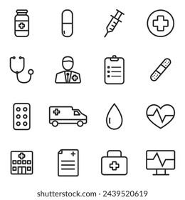 Conjunto de iconos de línea médica. Trazo editable. Iconos de medicina.  Ilustración aislada del vector.