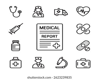 Medical Line Icons Set – Health, Doctor, Syringe, Report, Pill