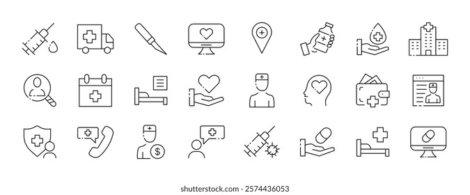 Medical line icons set: healthcare, hospital, doctor, nurse, pharmacy. Vector icon