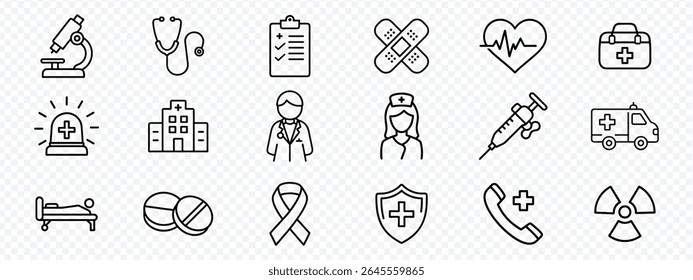 Medical line icons set including hospital tools, healthcare symbols, doctor, nurse, ambulance, equipment, and emergency illustrations